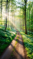 Fototapeta premium Peaceful forest path illuminated by sunlight through the trees