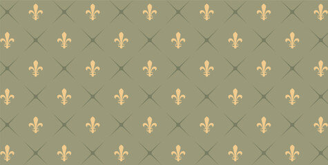 Intricate vector pattern with a classic design. Perfect for backgrounds and wallpaper. Motif of gold fleur-de-lis on a soft green background.