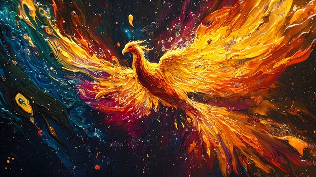 A phoenix rising from ashes, its wings glowing with vibrant, fiery colors
