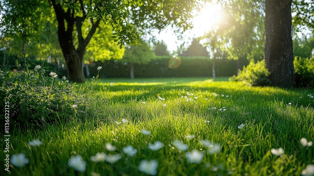 Poster fresh spring grass growing in patches under flowering trees