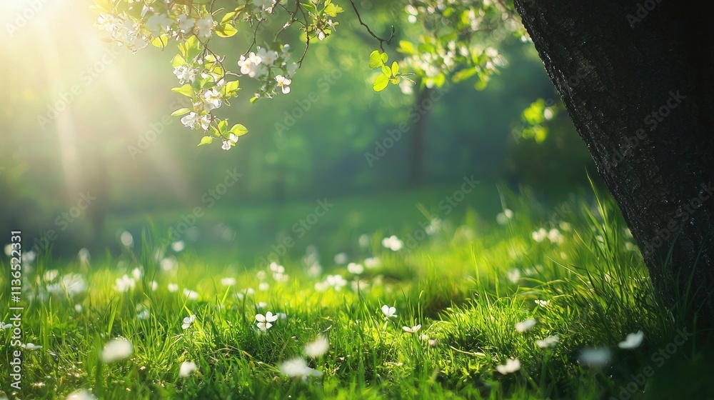 Poster fresh spring grass growing in patches under flowering trees