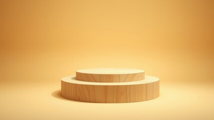 Two-tiered wooden display platform against a pale yellow backdrop