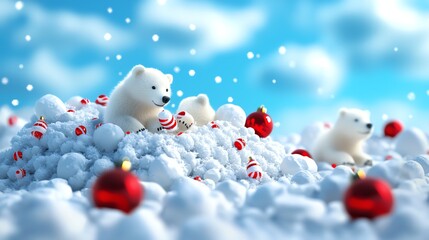 Three cute polar bears play amidst fluffy snow and colorful Christmas ornaments, creating a festive winter scene under a bright blue sky filled with soft white clouds.