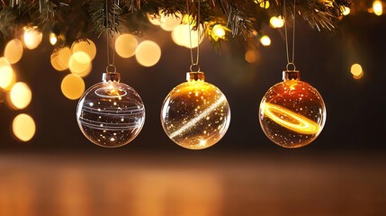 Three decorative Christmas ornaments hanging on a tree, illuminated by soft glowing lights in the background, creating a joyful and festive atmosphere.