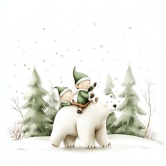 Two children dressed in festive elf costumes ride on the back of a friendly polar bear in a snowy landscape surrounded by frosty trees.