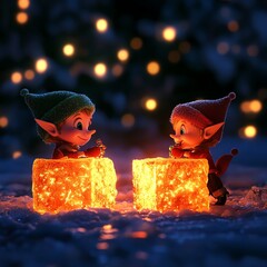 Two cheerful, miniature elves enjoy sparkling, glowing cubes in a snowy setting, surrounded by soft, twinkling lights, creating a magical holiday atmosphere.