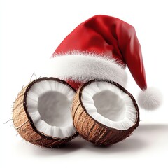 Two coconut halves wearing a festive red Santa hat, perfect for holiday-themed decorations or beach party ideas on a white isolated background.