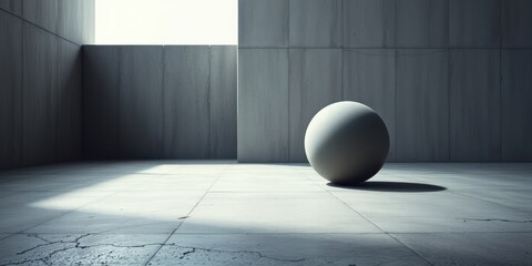 A single sphere rests on a tiled floor in a minimalist room with soft sunlight