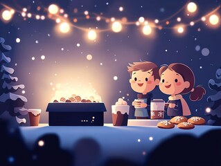 Two children joyfully enjoying a cozy winter evening under twinkling lights, surrounded by snow, with snacks and hot drinks, creating a festive and heartwarming atmosphere.