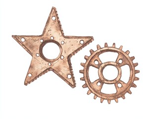 Two decorative metal gears placed on a white isolate background, showcasing intricate designs and textures, perfect for steampunk or industrial-themed projects.