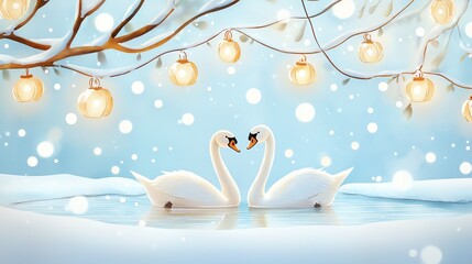 Two elegant swans gracefully swimming in a snowy pond, surrounded by soft snowfall and glowing lanterns hanging from tree branches, creating a serene winter wonderland.