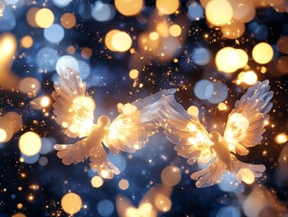 Two ethereal doves soar amidst a backdrop of shimmering, golden bokeh lights, creating a magical and uplifting atmosphere that symbolizes peace and hope.