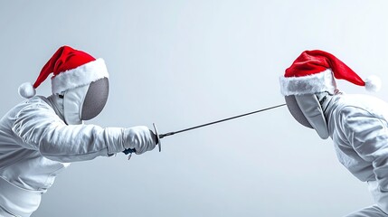 Two fencers in festive Santa hats engage in an intense duel, showcasing the blend of tradition and holiday spirit against a minimalist background.