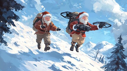 Two Santa Claus figures joyfully flying with drones over a snowy landscape, capturing the festive spirit of Christmas in a playful and modern twist.