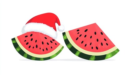 Two slices of watermelon wearing a festive Santa hat, showcasing a fun and playful design perfect for holiday-themed food illustrations.