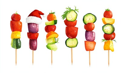 Vibrant and colorful vegetable skewers, artfully arranged on wooden sticks, perfect for grilling or serving at parties. A festive touch adds charm to this delightful arrangement.