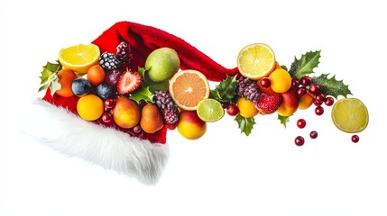 Vibrant assortment of fruits arranged on a festive Santa hat, symbolizing the holiday spirit. Perfect for seasonal themes, celebrations, or healthy eating inspirations.