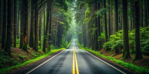 Obraz premium Asphalt road disappearing into a misty green forest, a scenic drive through tall trees and lush undergrowth