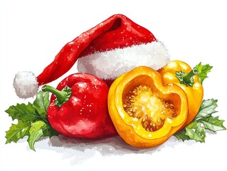 Vibrant red and yellow bell peppers adorned with a festive Santa hat, set against a white background, embodying a cheerful holiday spirit and fresh produce.