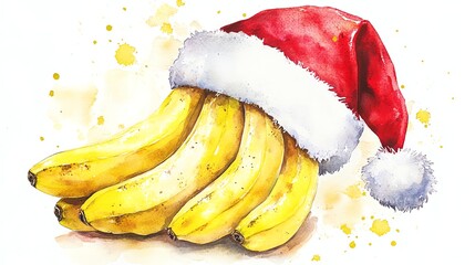 Vibrant watercolor painting of bananas wearing a Santa hat, capturing the festive spirit of Christmas with playful and colorful design, ideal for holiday-themed projects.