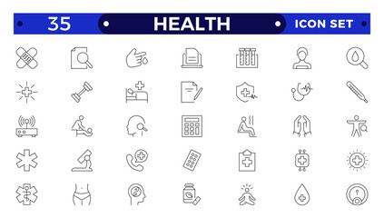 Health Care outline icon set. Medicine and Health Care linear icon collection. Containing emergency, doctor, treatment, medical, report, diagnosis, health, prevention. virtual, computing, online.