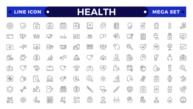 Health Care outline icon set. Medicine and Health Care linear icon collection. Containing emergency, doctor, treatment, medical, report, diagnosis, health, prevention. virtual, computing, online.