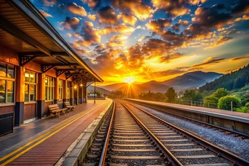 Fototapeta premium Golden Sunrise Train Station Panoramic Photography - Early Morning Railway Scene