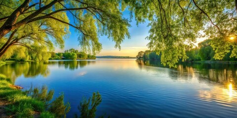 Serene Sunset Over a Calm Lake, Framed by Lush Green Trees and Reflecting the Golden Hour