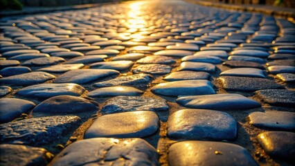 Obraz premium Golden Hour on a Cobblestone Path, Illuminated Stones, Texture and Warm Light
