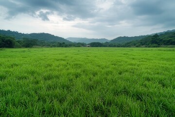 Fototapeta premium Lush green field under a cloudy sky, framed by distant hills, creating a serene and picturesque landscape.