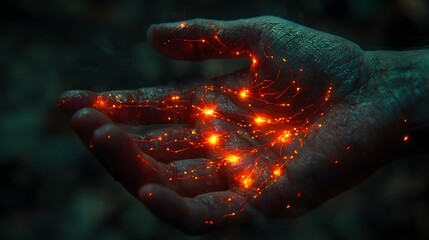 A close-up of a hand gripping a throbbing knee, with glowing red areas indicating pain