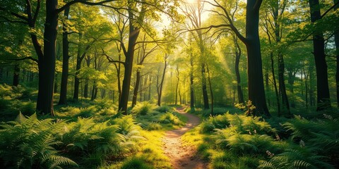 Fototapeta premium Sunlit Forest Path A Tranquil Woodland Scene with Lush Greenery and Sunbeams