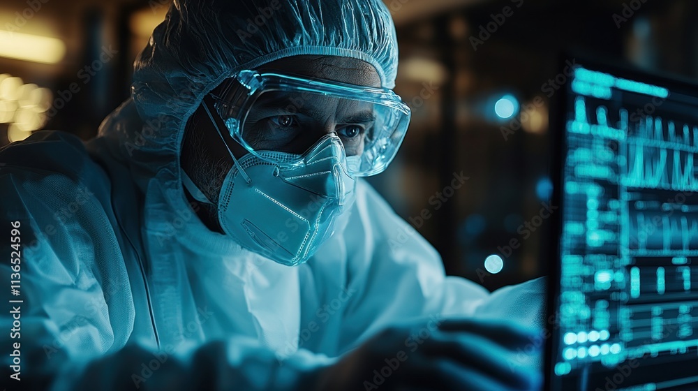 Poster scientist analyzing data on computer in lab background