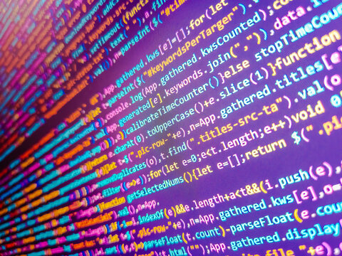 Abstract background with letters. Closeup beautiful geometric purple hexagonal texture. 3d rendering. Javascript code background. Beautiful multicolor pattern for design. Javascript code.