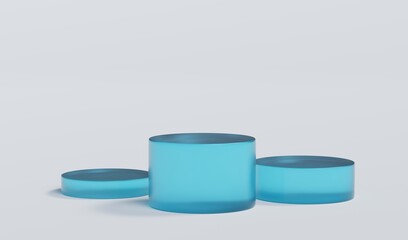 Sky Blue Matte Glass Cylinder Podium Platform Scene Stand White Grey Background Show Cosmetic Bottle Beauty Products 3 Three Pedestals Showcase On Display Workshop Mockup Realistic 3D Illustration