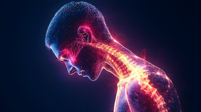 A glowing heat map of a person s body, with specific areas highlighted in red for pain