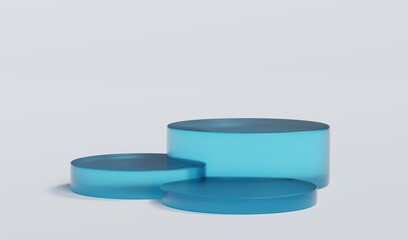 Sky Blue Matte Glass Cylinder Podium Platform Scene Stand White Grey Background Show Cosmetic Bottle Beauty Products 3 Three Pedestals Showcase On Display Workshop Mockup Realistic 3D Illustration
