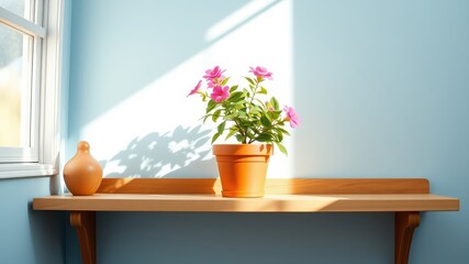 Sunlit Pink Flowers in Terracotta Pot on Wooden Shelf