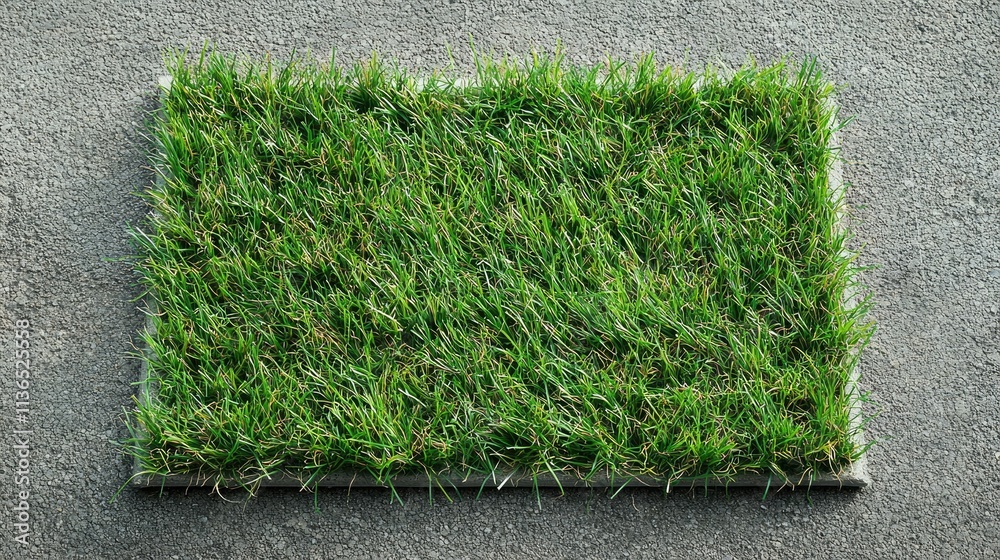 Poster Patch of fake grass used as a small outdoor lawn in a backyard 
