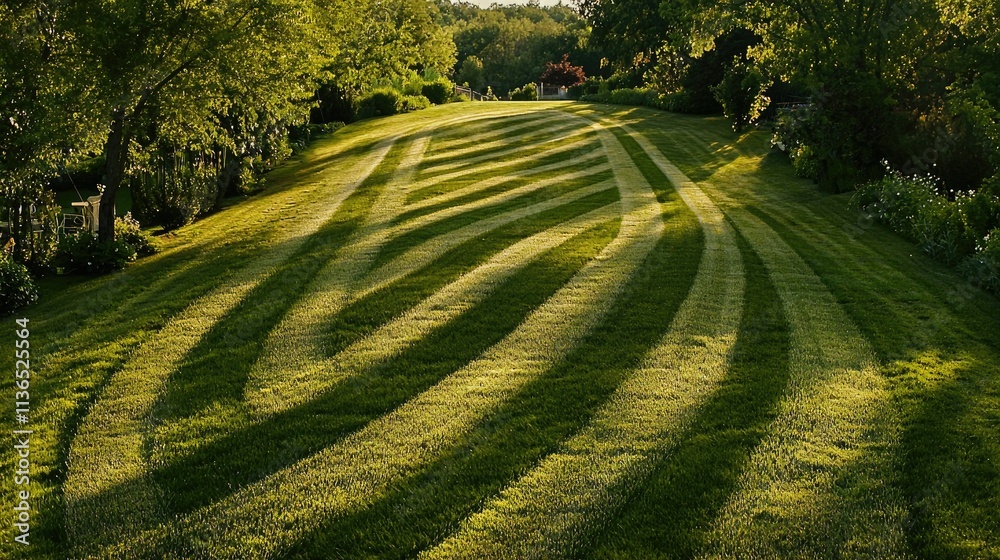 Poster lawn being mowed, leaving neat rows of cut grass in a backyard