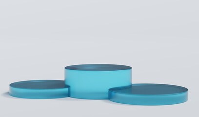 Sky Blue Matte Glass Cylinder Podium Platform Scene Stand White Grey Background Show Cosmetic Bottle Beauty Products 3 Three Pedestals Showcase On Display Workshop Mockup Realistic 3D Illustration