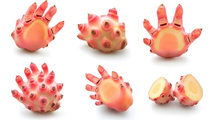 Obraz premium A set of Buddha�s hand fruit isolated on a white background. It includes whole,halved and slice, all with full depth of field. --ar 7:4