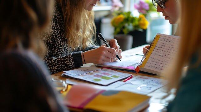 A group of friends sitting together, each with their goal planner open, sharing ideas and supporting each other, in a bright and inviting setting 