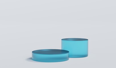 Sky Blue Matte Glass Cylinder Podium Platform Scene Stand White Grey Background Show Cosmetic Bottle Beauty Products 2 Two Pedestals Showcase On Display Workshop Mockup Realistic 3D Illustration