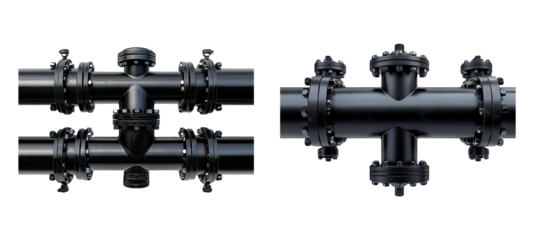 Black Industrial Pipe Fittings on Transparent Background