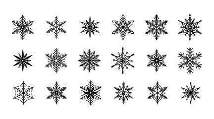 Unique snowflakes set, detailed hand drawn flat vector line illustration. Graphic outline drawing. Christmas and New Year symbol. Beautiful snowflake silhouette icon for frosty winter designs.