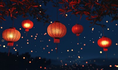 Fototapeta premium Glowing Red Lanterns Hanging from a Tree at Night
