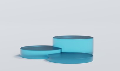 Sky Blue Matte Glass Cylinder Podium Platform Scene Stand White Grey Background Show Cosmetic Bottle Beauty Products 3 Three Pedestals Showcase On Display Workshop Mockup Realistic 3D Illustration