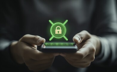  A person holding a smartphone with a lock icon on the screen, and another hand with two fingers touching it