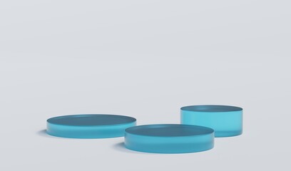 Sky Blue Matte Glass Cylinder Podium Platform Scene Stand White Grey Background Show Cosmetic Bottle Beauty Products 3 Three Pedestals Showcase On Display Workshop Mockup Realistic 3D Illustration